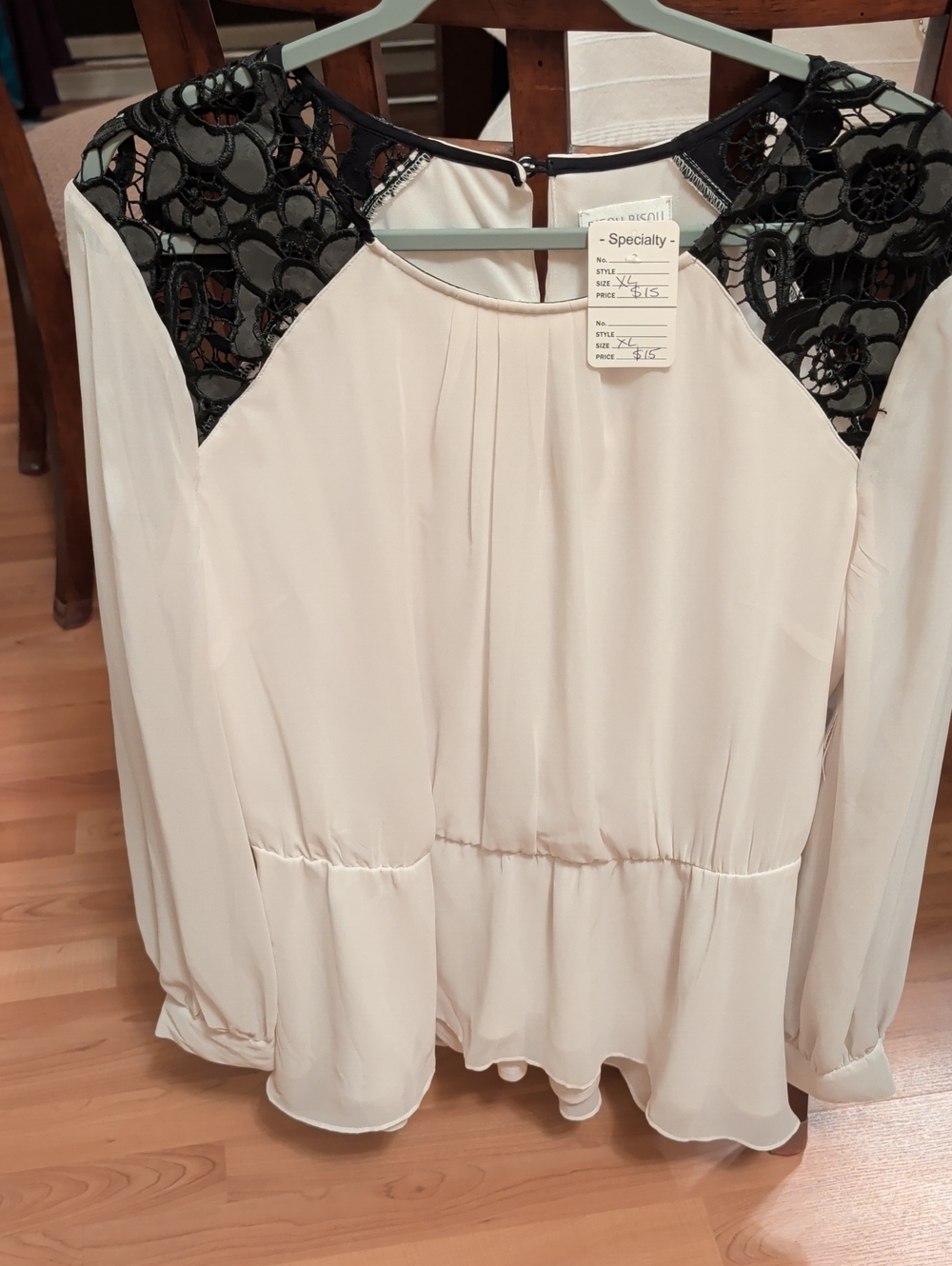 Bisou Bisou Cream Blouse with Black Lace Yoke